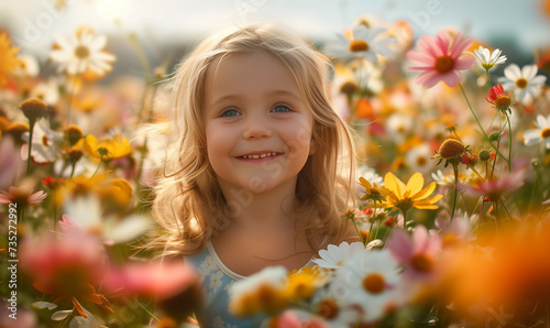Joyful Child in Spring Flower Field, Sunny Summer Hat Girl 