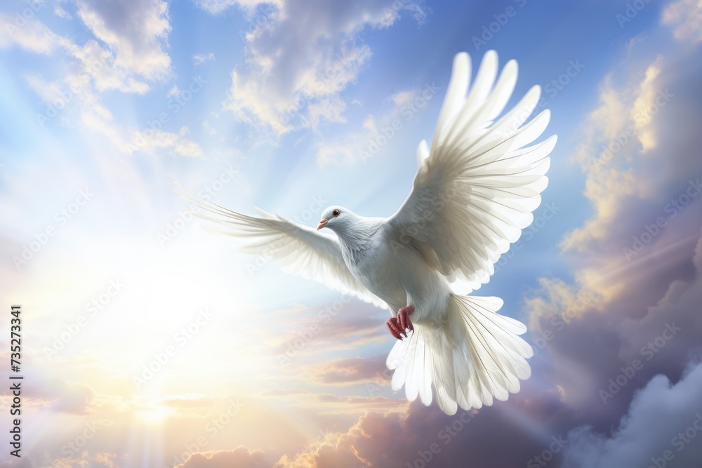 White dove flying in the blue sky with sun rays and clouds. White dove in the sky, AI generated