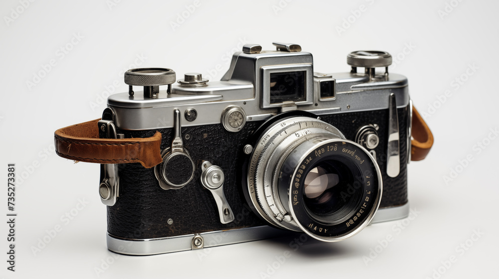 Vintage Film Camera with Leather Strap on a Plain Background