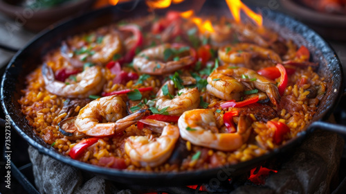 Picture a rustic outdoor setting with a small openfire pit in the center. Over it a vibrant paella sizzles as paprikaseasoned chicken plump shrimp and roasted peppers mingle