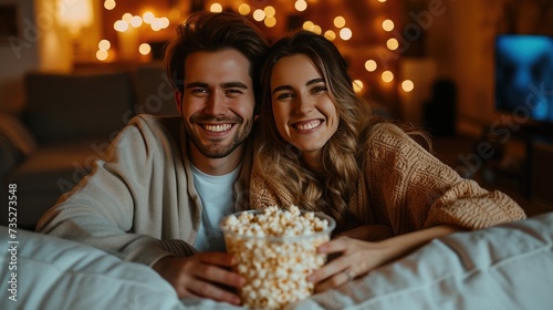 Portrait of young couple man and woman eating popcorn at home on the sofa watching