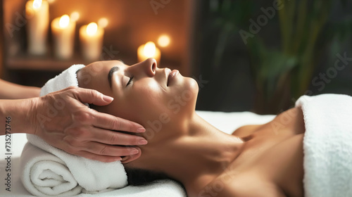 Attractive woman enjoying facial massage at spa salon