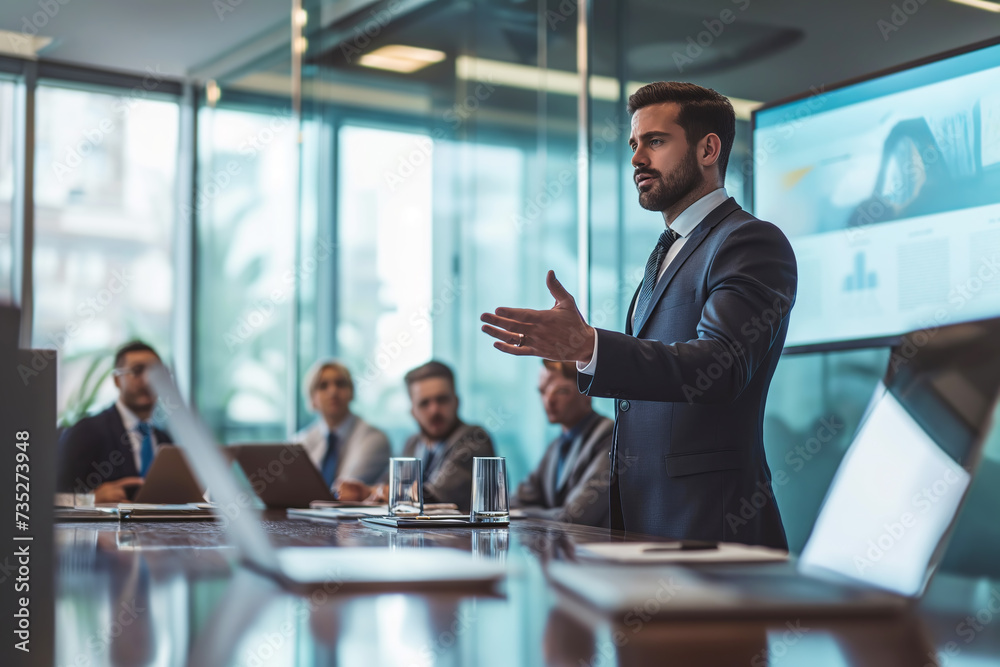 Confident professional businessman having lively discussion with colleagues in office Confident professional businessman having lively discussion with colleagues in office