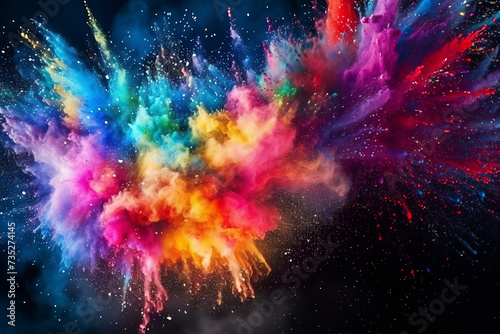 Multi color powder explosion isolated on black background.