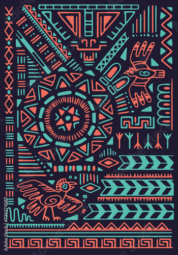 Ethnic Mexican signs, cultural African elements on tribal wall art. Animal symbols, abstract geometric shapes on traditional Aztec background. Ancient pattern on poster. Flat vector illustration