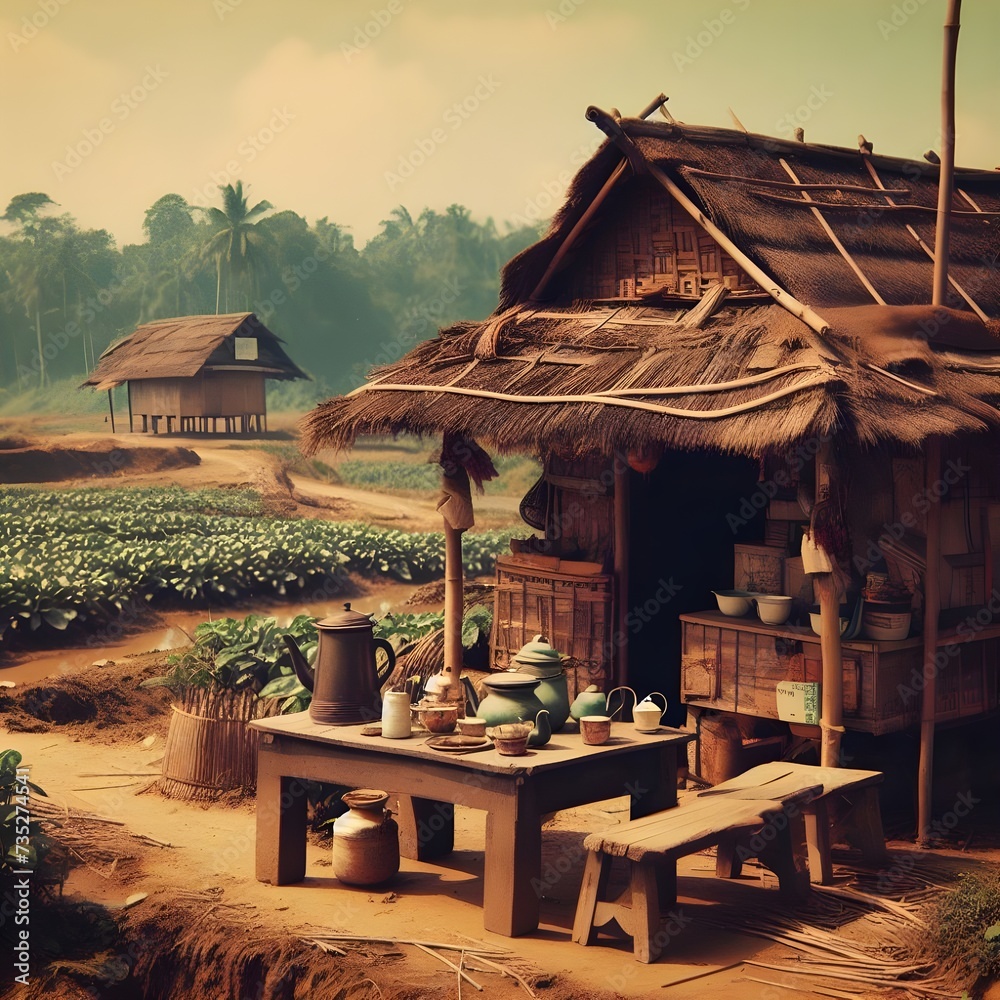 Transport yourself to simpler times through a 35mm lens: an old yet inviting hut in a calm village, surrounded by bountiful crop farms, encapsulating the warmth of nostalgia and simplicity - obrazy, fototapety, plakaty 