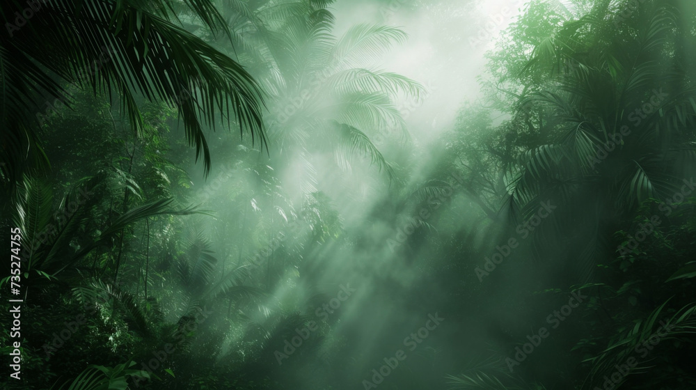 A mysterious and enchanting fog weaving through the dense jungle as if concealing secrets within its billowing tendrils.
