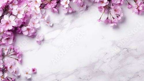 Spring volumetric composition of a bouquet of purple lunaria petals, top view with copy space on a white background