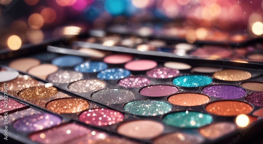 Naklejka premium Makeup palette with glitter close-up on a blurry background