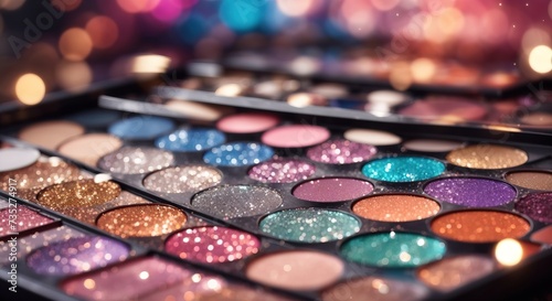 Makeup palette with glitter close-up on a blurry background
