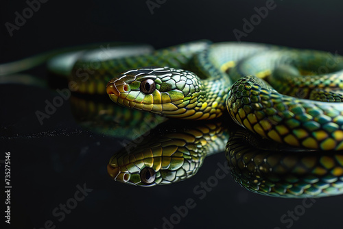 Gilded Elegance: Golden Green Snake Skin Texture Design, Luxuriously Contrasting Against a Black Background. Filigree golden green snake