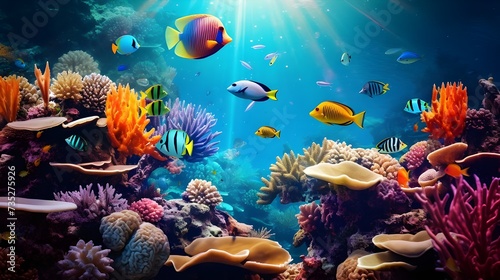 Sunshine on a coral reef and tropical fish. Aquarium in Singapore Sunshine on a coral reef and tropical fish. Aquarium in Singapore