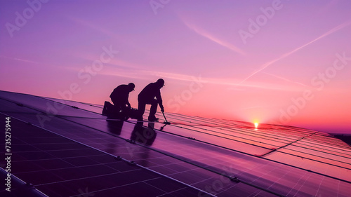 Silhouette of two technicians are checking up or cleaning solar panel , sustainable energy .