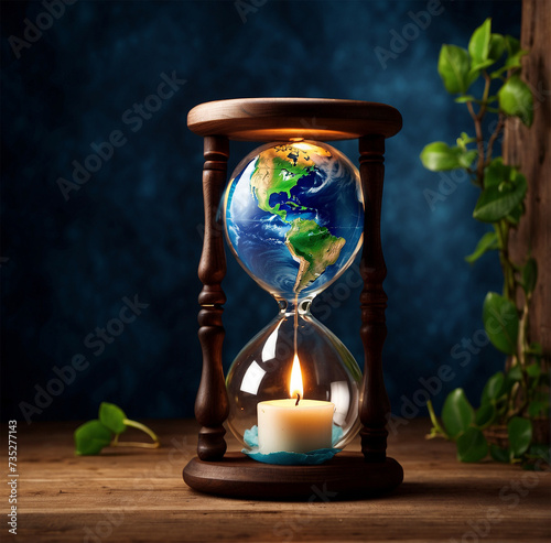 Earth Hour concept candlelit hourglass represent the spirit of Earth Hour photo