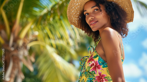 Island Escape Take a tropical getaway in a bright floral print romper paired with spy sandals and a straw fedora.