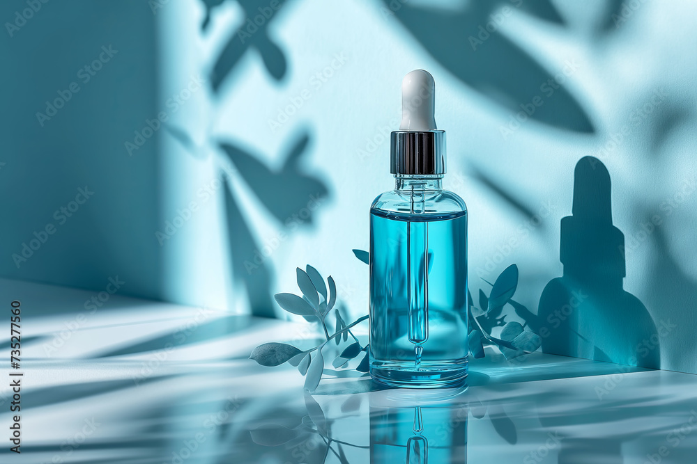 Dropper bottle of serum mockup on an abstract blue background with light and shadows Dropper bottle of serum mockup on an abstract blue background with light and shadows