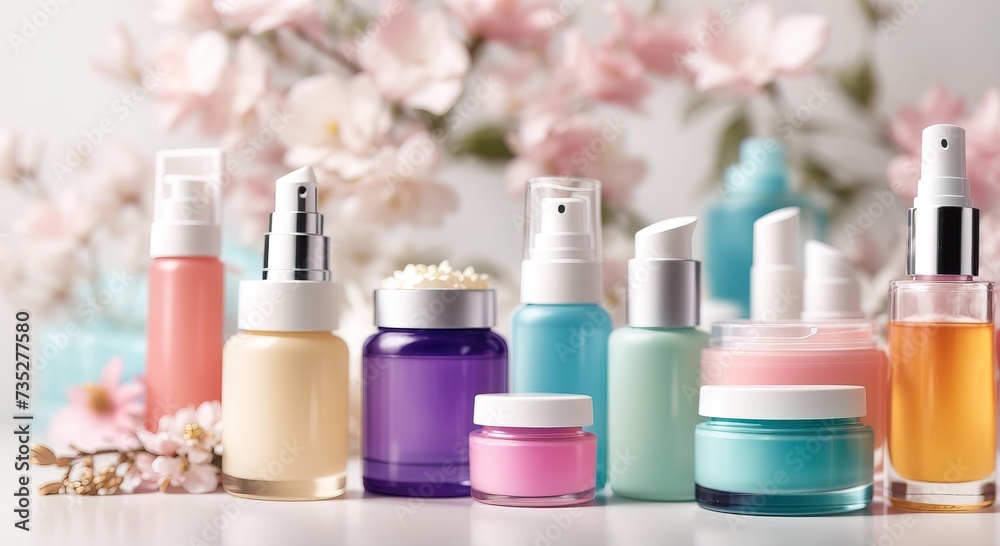 Colorful skincare in a neat row on a white background Colorful skincare in a neat row on a white background