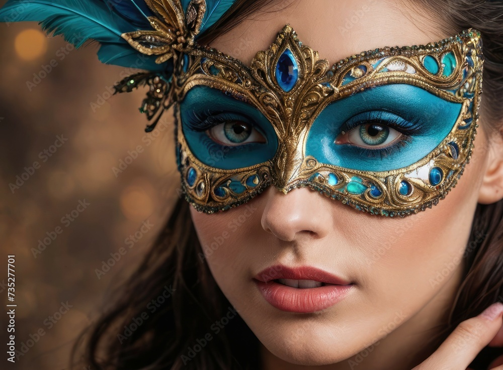 Carnival Whimsy: Brunette Beauty Radiates in Masked Splendor