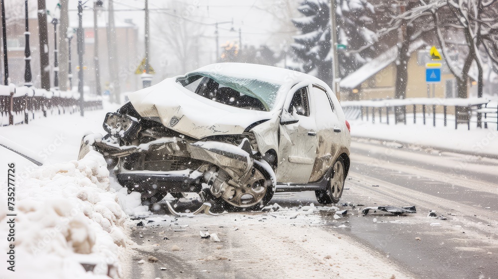 Car accident during snowstorm. A collision amidst the snowstorm leaves behind a scene of chaos and destruction, emphasizing the importance of safe driving practices. Car accident during snowstorm. A collision amidst the snowstorm leaves behind a scene of chaos and destruction, emphasizing the importance of safe driving practices.