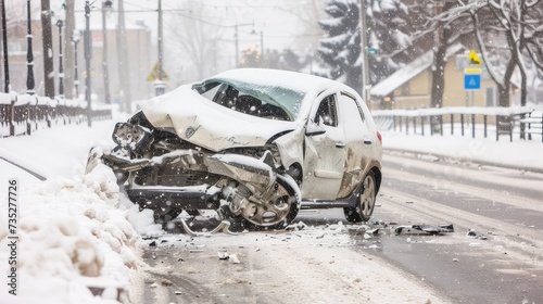 Car accident during snowstorm. A collision amidst the snowstorm leaves behind a scene of chaos and destruction, emphasizing the importance of safe driving practices.