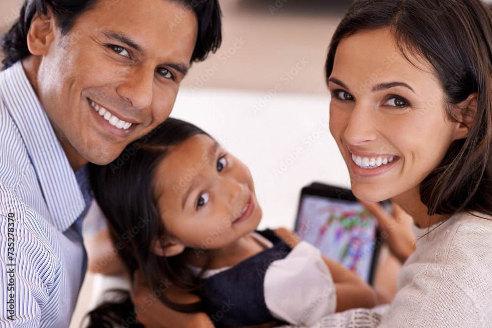 Happy family, portrait and tablet with games for entertainment, bonding or enjoying weekend at home. Mother, father and daughter on technology for holiday, online app or interaction together at house Happy family, portrait and tablet with games for entertainment, bonding or enjoying weekend at home. Mother, father and daughter on technology for holiday, online app or interaction together at house