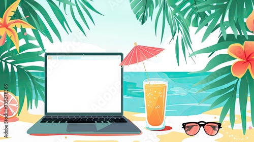 Beach office with a laptop  tropical drink  and shades  blending work and leisure in a coastal setting