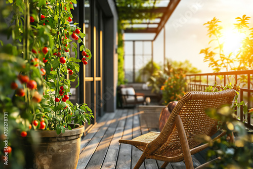 Cherry Tomato Plants on a Balcony Garden at Sunset photo