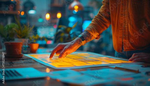 UX developer and UI designer employ augmented reality for mobile app wireframe design in modern office, enhancing creativity in digital development.generative ai
