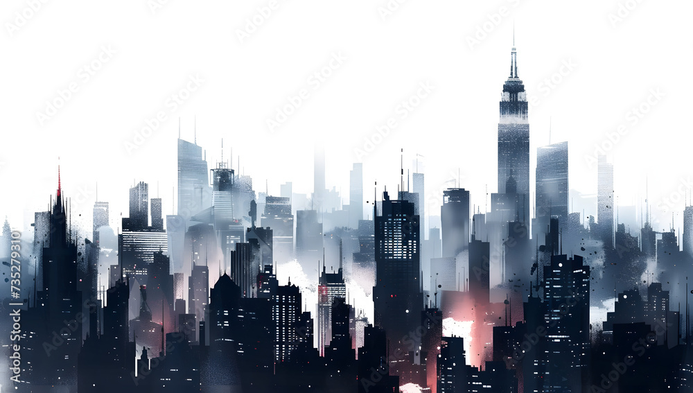 a cityscape silhouette in grey with high buildings with lights 
