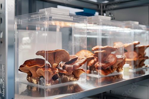 Reishi mushrooms close-up grown in a medical laboratory in glass transparent containers Traditional Chinese medicine