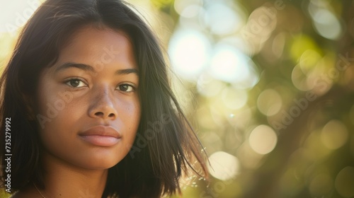 Close-Up of Young Woman with Serene Expression against Blurred Background AI Generated.