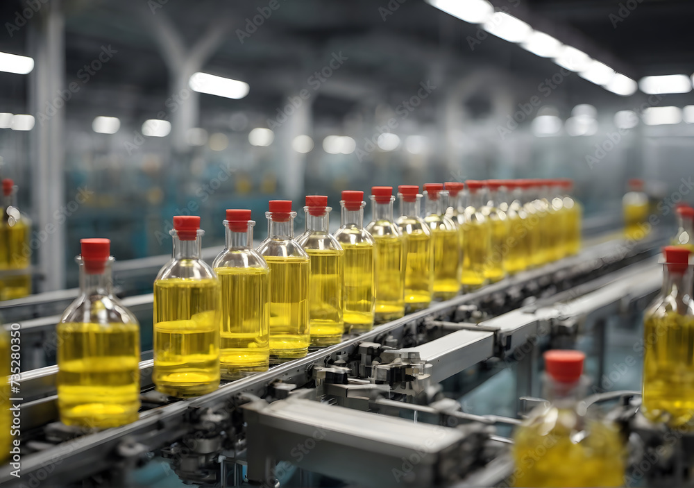 Research and development concept. Hands of professional worker of factory putting glass bottles with yellow liquid on conveyor line. Automated process of producing cosmetic products on factory Research and development concept. Hands of professional worker of factory putting glass bottles with yellow liquid on conveyor line. Automated process of producing cosmetic products on factory