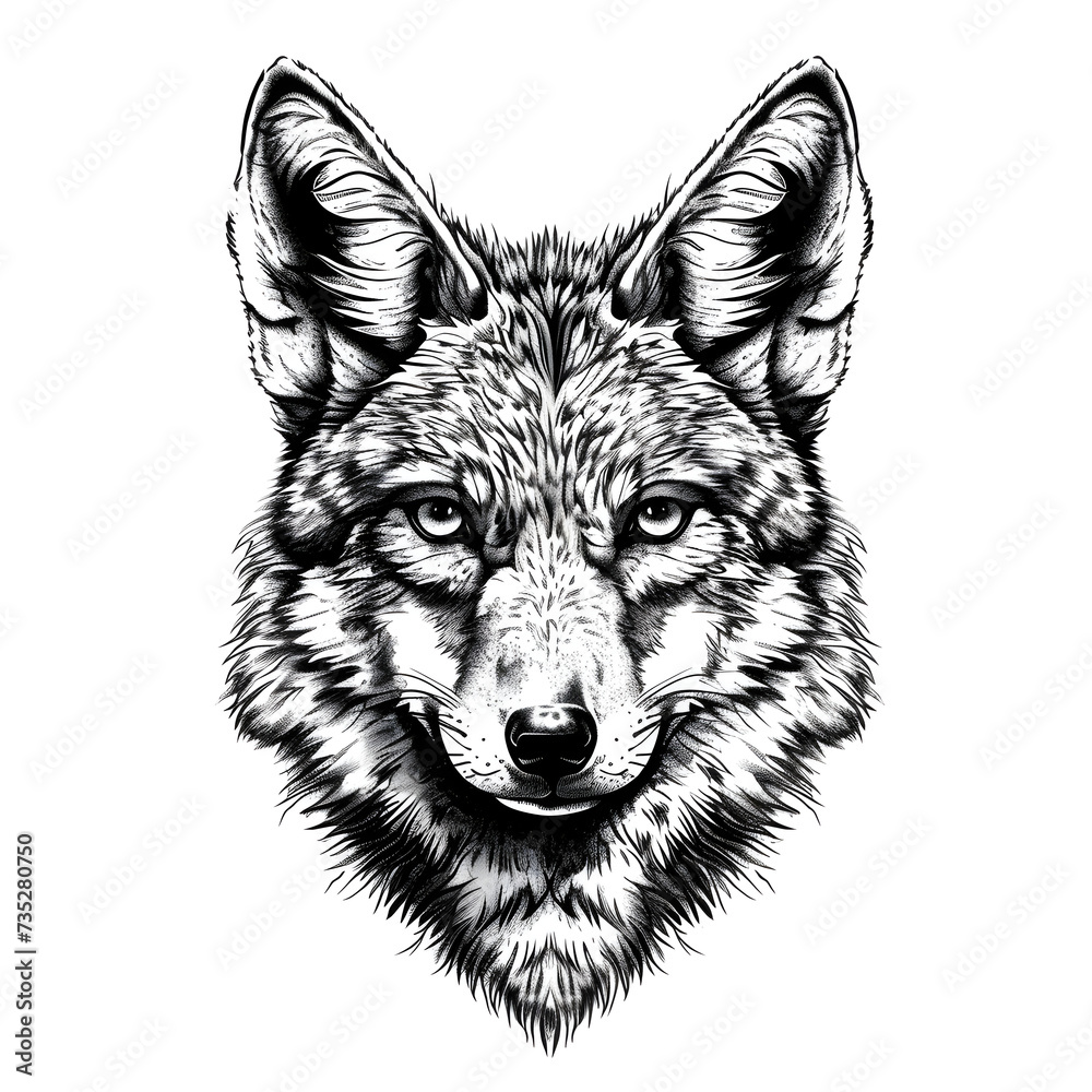 A coyote's face tattoo on a white background