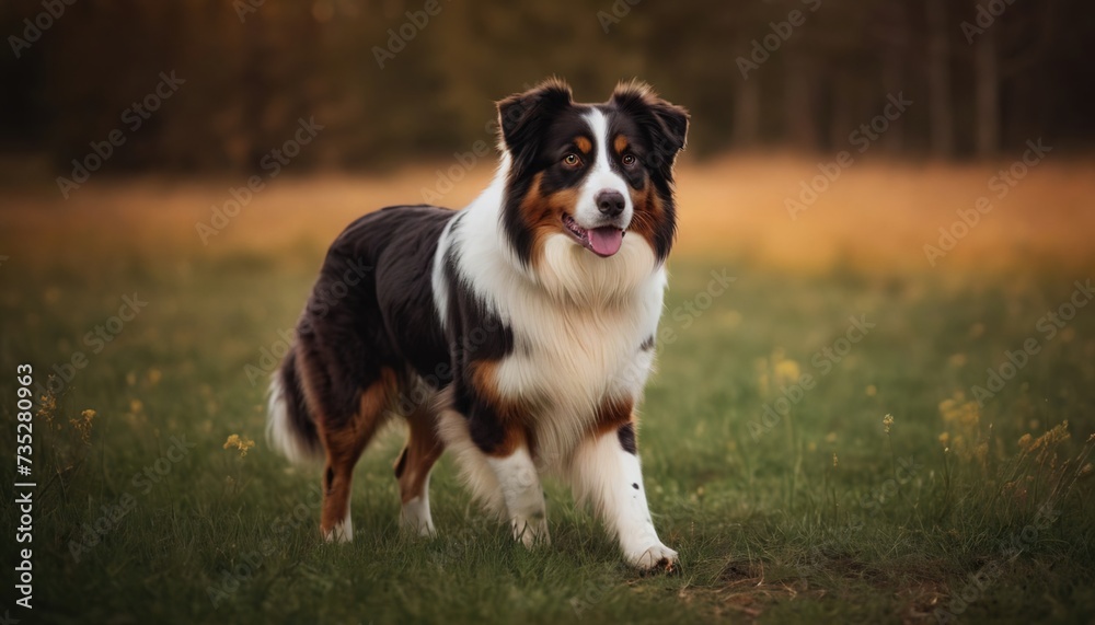 Australian Shepherd, dog at dawn, purebred dog in nature, happy dog, beautiful dog Australian Shepherd, dog at dawn, purebred dog in nature, happy dog, beautiful dog
