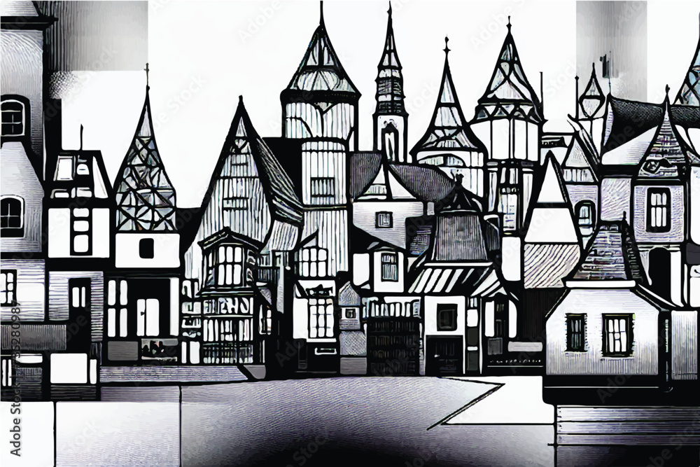 Black and white city landscape with buildings, streets and houses Black and white sketch city. City landscape. Vector sketch illustration. Black and white line drawing of an abstract cityscape.