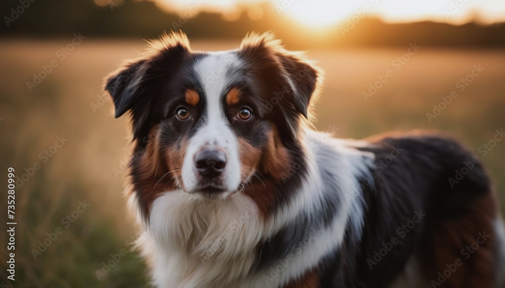 Australian Shepherd, dog at dawn, purebred dog in nature, happy dog, beautiful dog