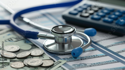 A close-up of medical expenses concept with a stethoscope, calculator, and US dollar bills on a medical billing statement, depicting the financial aspect of healthcare. photo