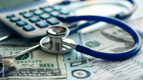 A close-up of medical expenses concept with a stethoscope, calculator, and US dollar bills on a medical billing statement, depicting the financial aspect of healthcare. photo