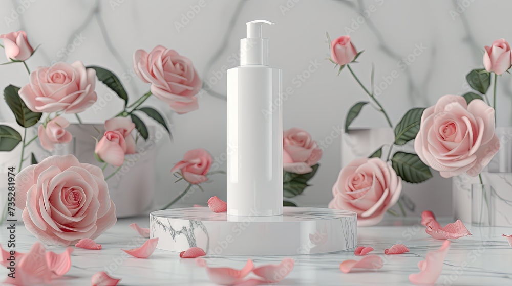 Mock-up beauty product with a white bottle on a marble podium, surrounded by tender pink roses and rose petals, showcasing the essence of natural beauty Mock-up beauty product with a white bottle on a marble podium, surrounded by tender pink roses and rose petals, showcasing the essence of natural beauty
