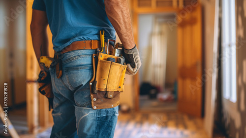 A close-up of a construction worker with a tool belt filled with various tools, standing in a room undergoing renovation. © MP Studio