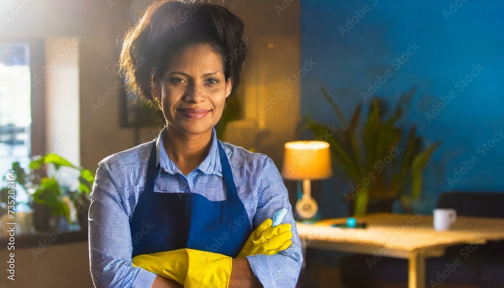 professional woman cleaner portrait in blue apron, office and home housekeeping and cleaning service - obrazy, fototapety, plakaty 
