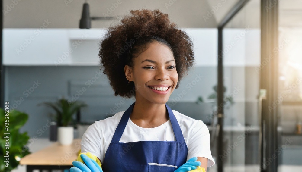 professional woman cleaner portrait in blue apron, office and home housekeeping and cleaning service professional woman cleaner portrait in blue apron, office and home housekeeping and cleaning service