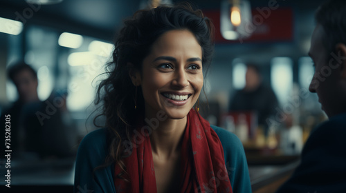Young professional woman talking and smiling in a restaurant
