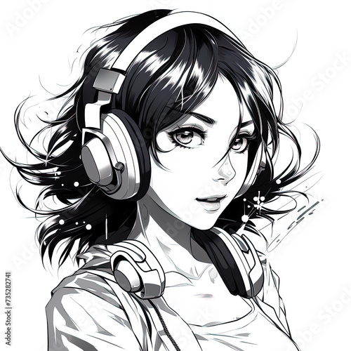 Girl listens to music on headphones. Happy anime girl listening to music headphone.Illustration of teenage girl listening to music on headphones. Logo and print on a T-shirt.