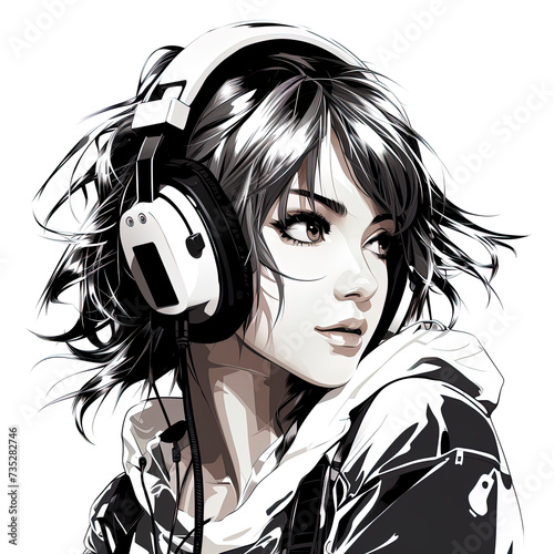 Girl listens to music on headphones. Happy anime girl listening to music headphone.Illustration of teenage girl listening to music on headphones. Logo and print on a T-shirt.