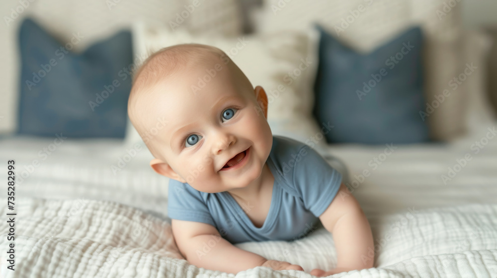 happy baby with blue eyes is lying on their tummy on a textured blanket with pillows in the background. happy baby with blue eyes is lying on their tummy on a textured blanket with pillows in the background.