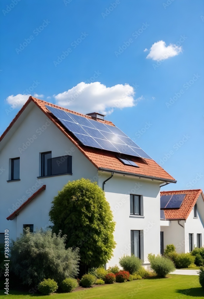 A modern two-story house with solar panels on the roof under a clear blue sky with a bright sun