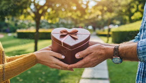 Mãos masculinas entregando uma caixa de chocolate em formato de coração a mãos femininas photo
