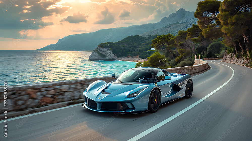 Blue car on Croatian coast. Blue car on Croatian coast.