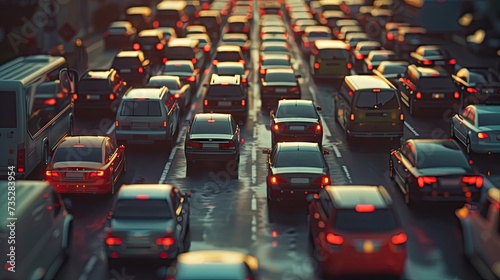 Urban Standstill: Cars in a highway traffic jam, portraying the challenges of urban commuting." © pvl0707